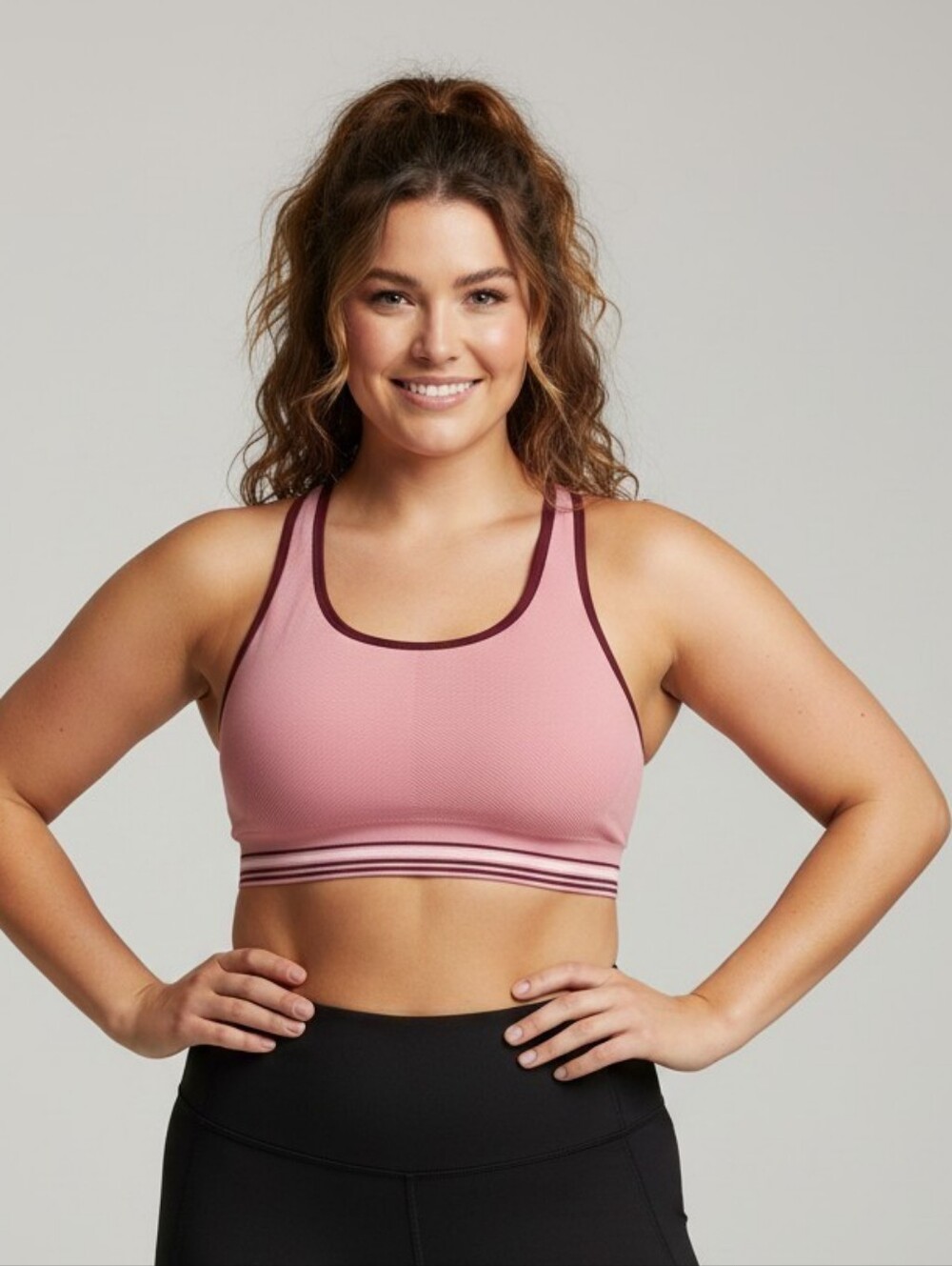 Ribbed Pink Racerback Sports Bra with Contrast Band